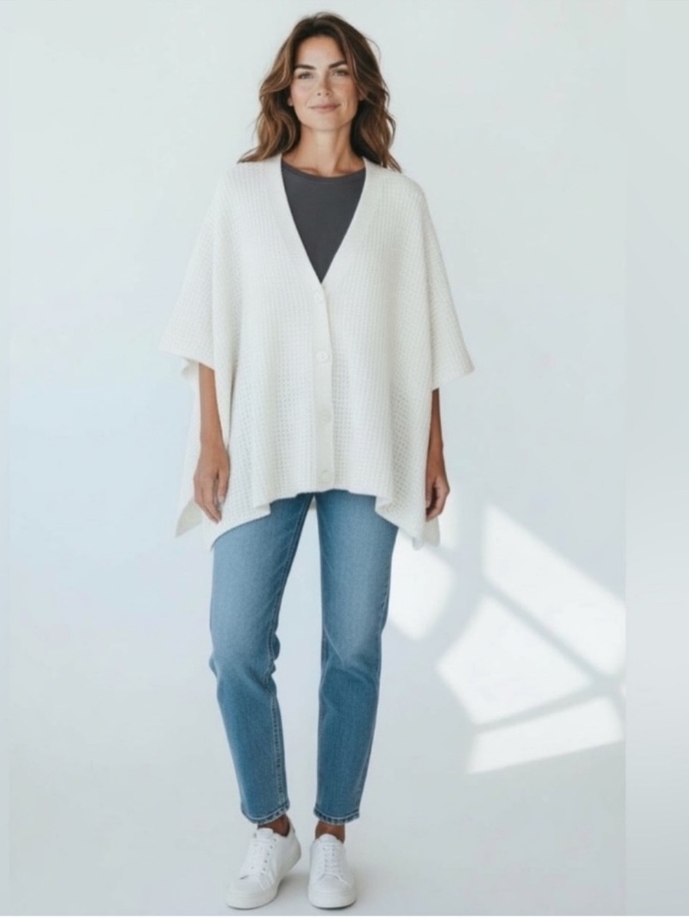 cupcakes & cashmere NWT cream knit Cabincore button front poncho cardigan OSFM